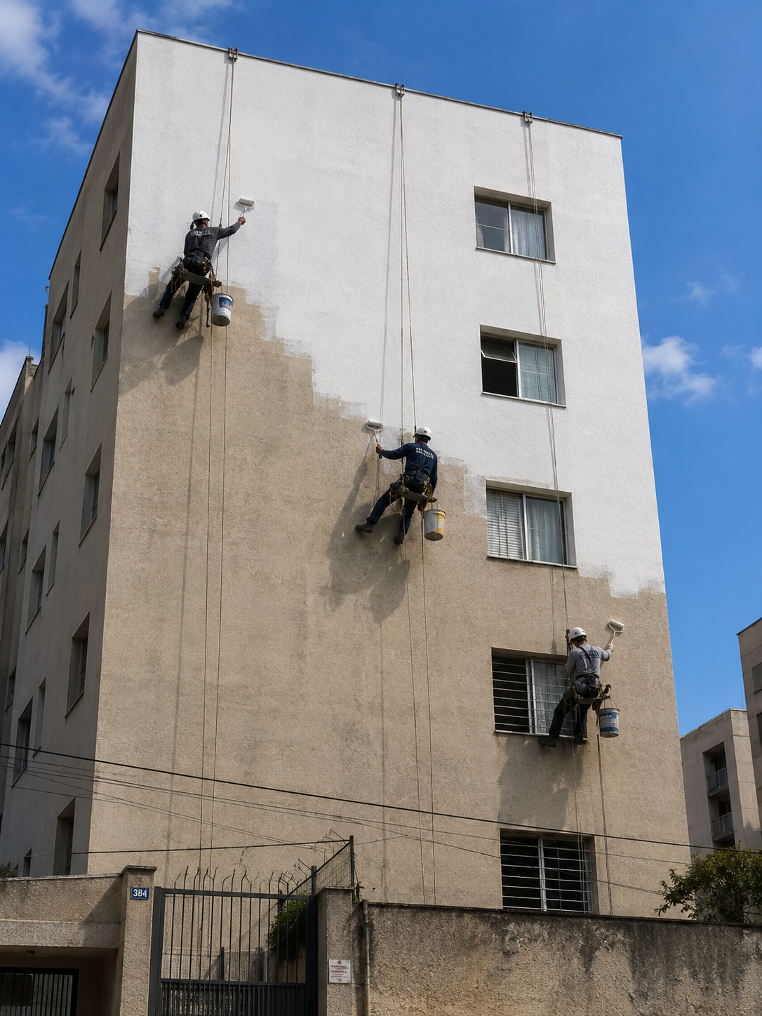 Pintura de fachada de edifício realizada por acesso em altura