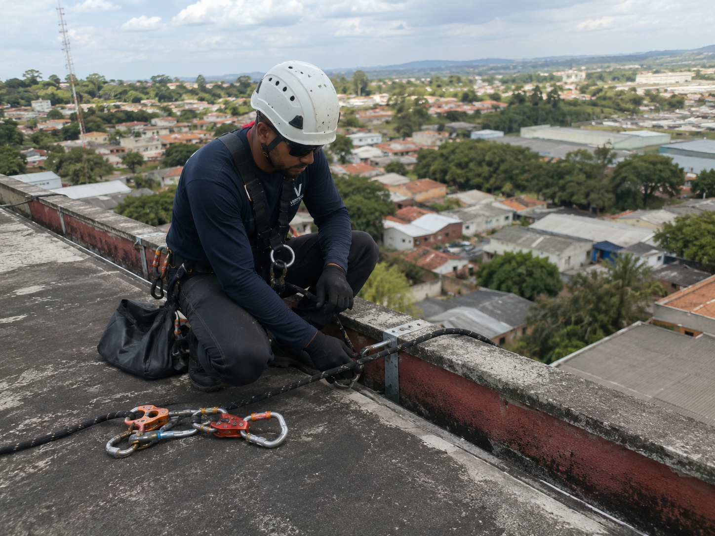 Técnico conferindo ancoragem e equipamentos no topo do edifício
